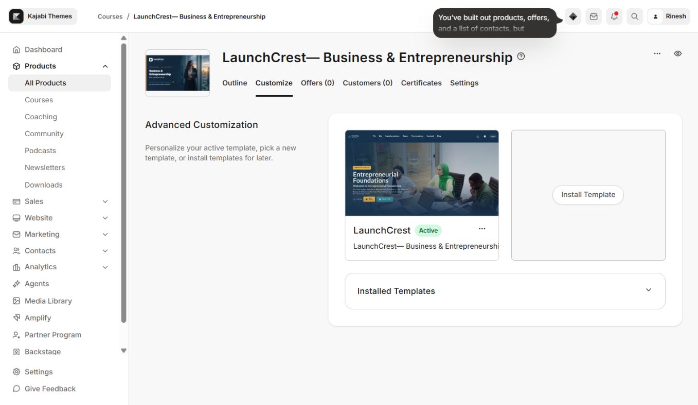 LaunchCrest installed in Kajabi