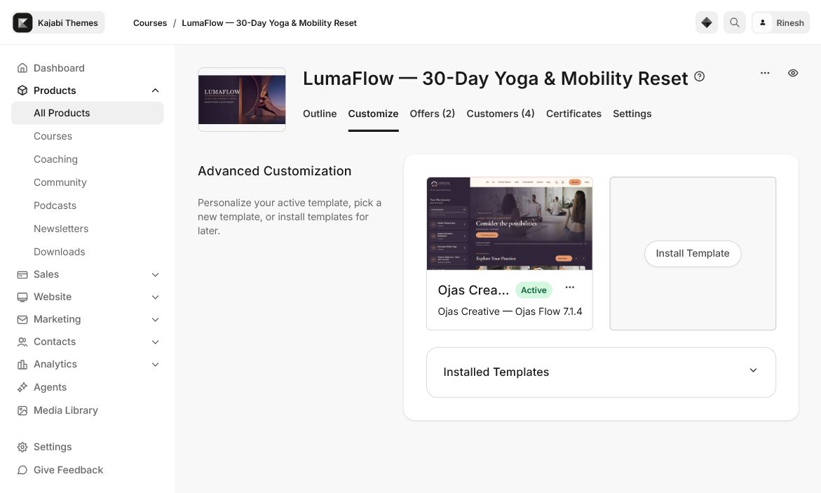 Ojas Flow active template in Kajabi