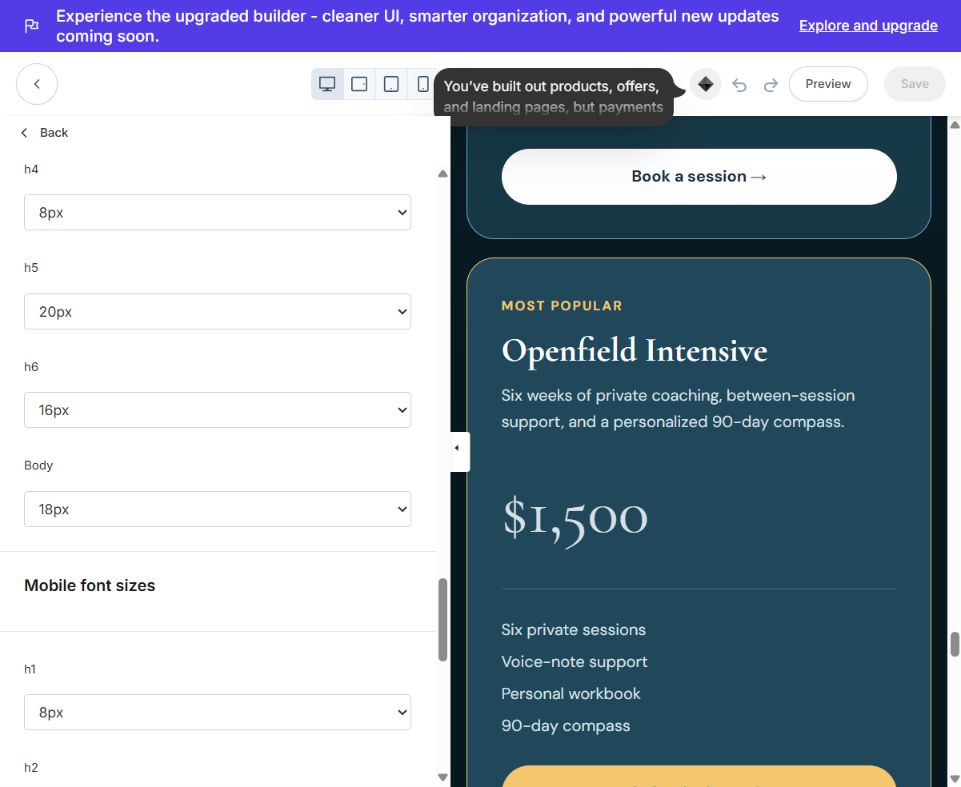 Openfield heading and body font sizes