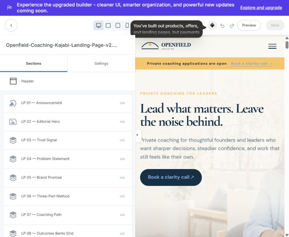 Openfield Kajabi page editor