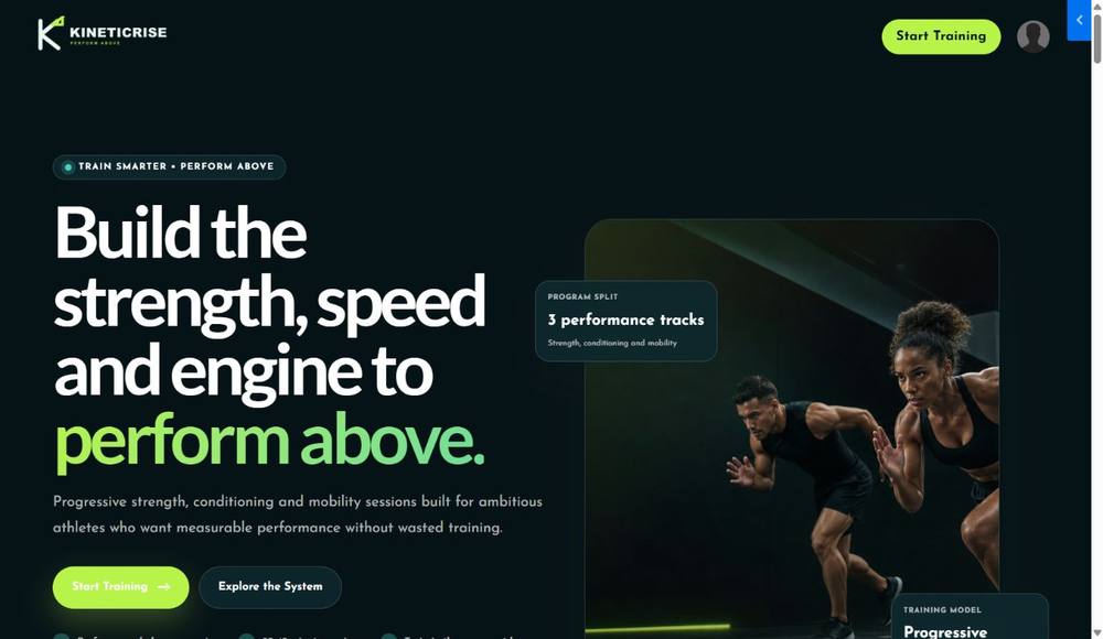 KineticRise — Performance Training Kajabi Site Theme full-page preview